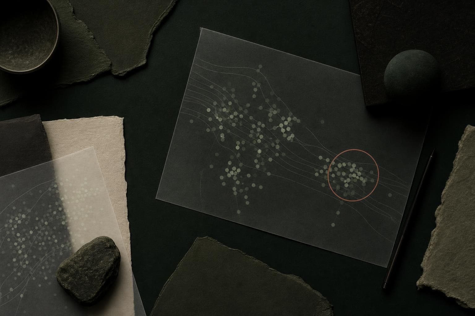 A dark editorial desk with a translucent audience map